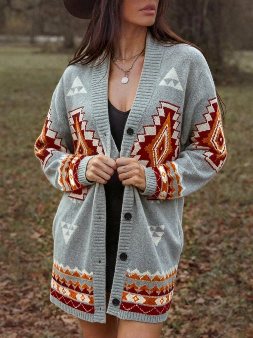 Light Grey Casual Women's Geometric Drop Shoulder Loose V-Neck Long Cardigan